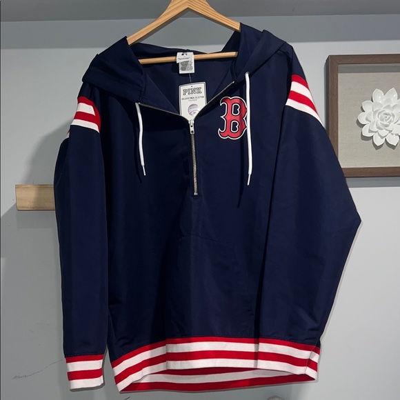 Victoria's Secret Jackets & Blazers - Victoria's Secret PINK Navy and Red MLB Half-Zip Hoodie